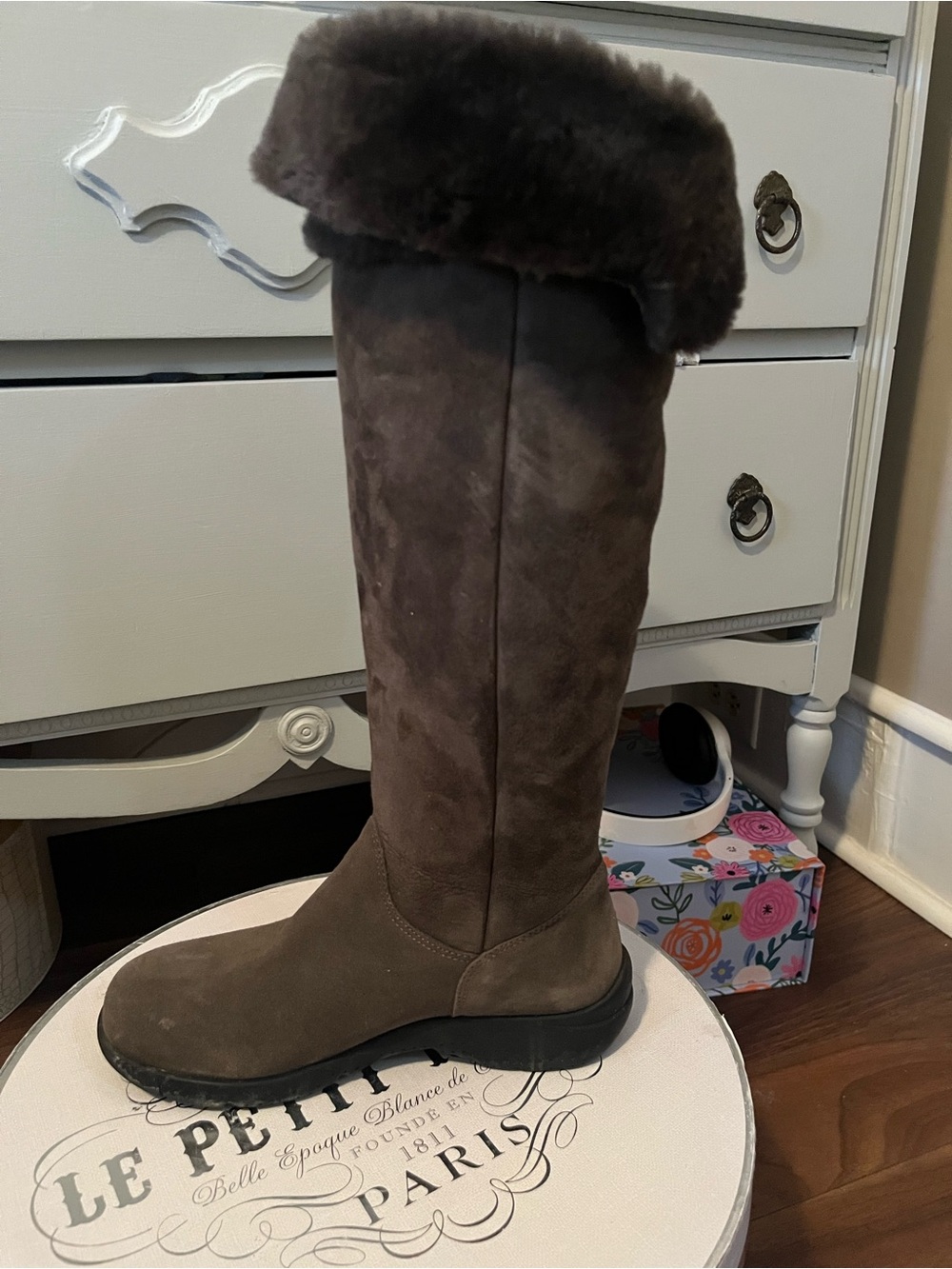 La CANADIENNE Tall Grey Suede Shearling-Lined Winter Boots